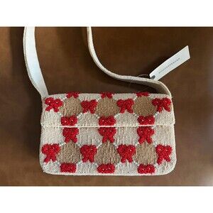 Anthropologie Fiona Beaded Bag Winter Icon Edition Red Bow Checkered NWT